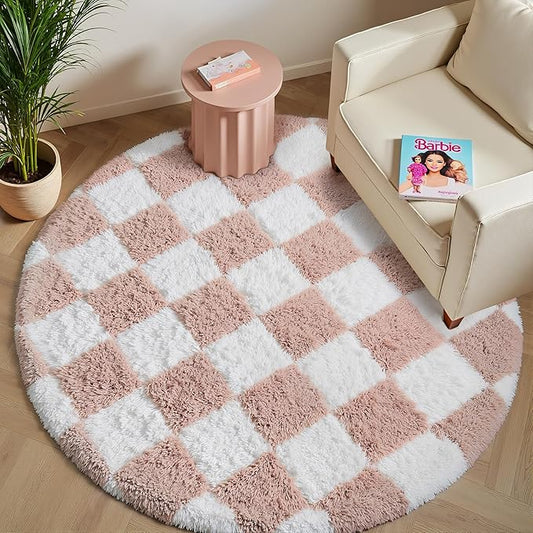 Checkered Rug 4x4 for Living Room, Pink and White Modern Shag Rug Super Soft Washable Indoor Fuzzy Carpet Non-Slip Fluffy Rugs for Bedroom Home Aesthetic Decor