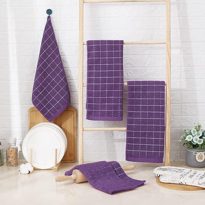 Homaxy 100% Cotton Terry Kitchen Towels(Purple, 13 x 28 inches), Checkered Designed, Soft and Super Absorbent Dish Towels, 4 Pack