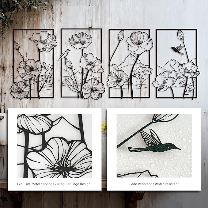 deeinglif Black Metal Wall Art, Abstract Minimalist Wall Decor, Flower Wall Decor, Floral Line Sculpture, Modern Home Decor for Living Room, Bedroom, Bathroom, Kitchen, Cafe, Office Decoration