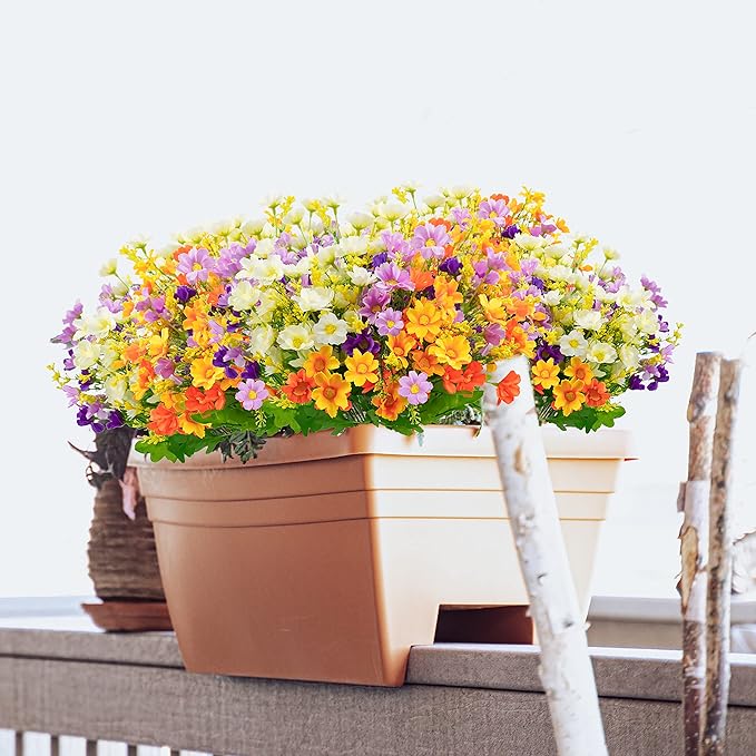 Uieke 6PCS Artificial Daisy Mums Flowers Outdoor UV Resistant Fake Silk Flowers No Fade for Outside Home DIY Garden Porch Window Box Décor (Orange Yellow. White, Purple)