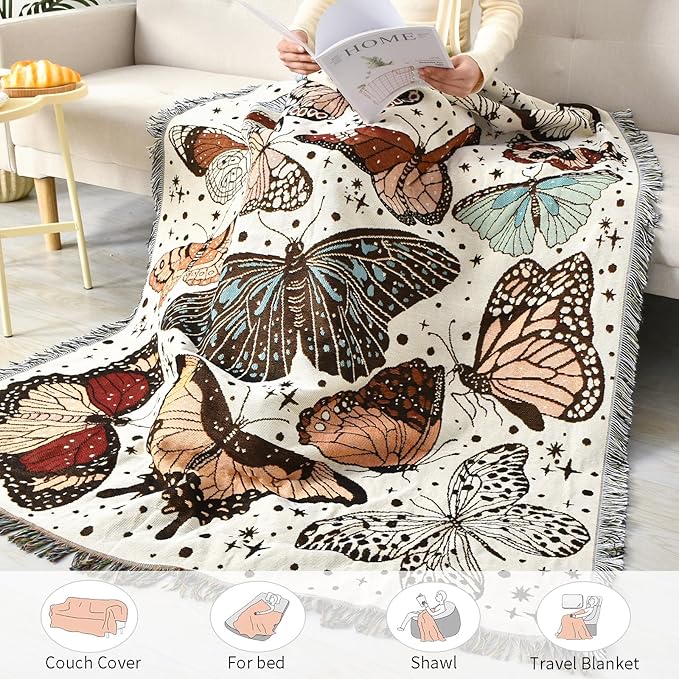Boho Throw Blanket Reversible Cotton Bohemian Tapestry Hippie Room Decor Double Sided (Month Moth Print 50"x60")
