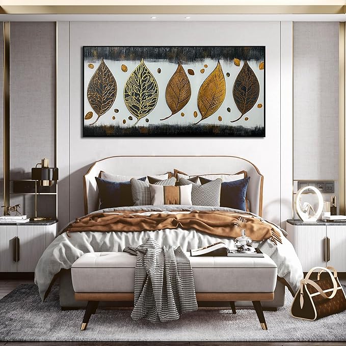 CIRABKY Leaf Hand Painted Wall Art for Living Room - Vintage Canvas Wall Art for Office - Large Picture Black Frames for Wall Size 29" x 59"