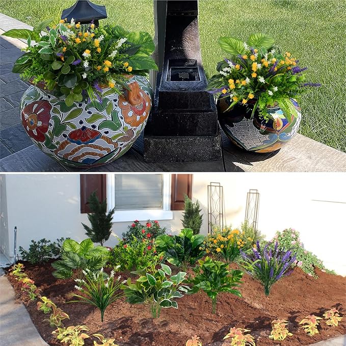 GTIDEA 19 Bundles Outdoor Faux Plants, Artificial Plants & Flowers UV Resistant Fake Plastic Leaves Greenery Stems for Outside Window Box Hanging Baskets Garden Patio Front Porch Decor