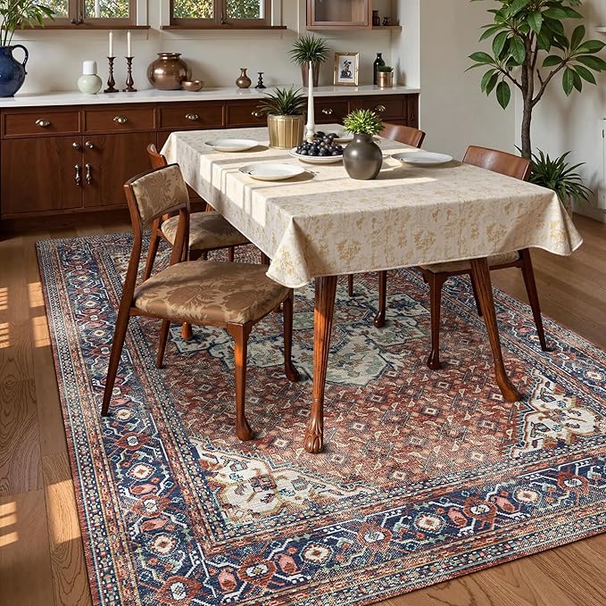 Washable Area Rug 5' x 7' Vintage Traditional Persian Mat - Foldable Distressed Non-Slip Machine Washable Carpet for Living Room Bedroom Kitchen Home Decor - Terracotta and Navy