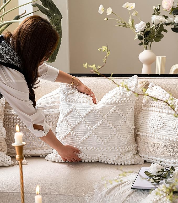 Pure White Decorative Throw Pillow Cover 22X22, Boho Accent Pillow for Couch, Square Modern Farmhouse Pillowcase for Living Room Couch Sofa Cushion Home Décor (Pack of 1)