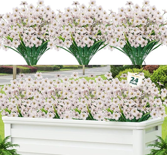 Lnoicy 24 Pcs Artificial Flowers for Outdoor,Plastic Flowers Decoration, UV Resistant Faux Flowers Shrubs, Artificial Plants for Indoor Outside Garden Home Wedding Farmhouse(White)
