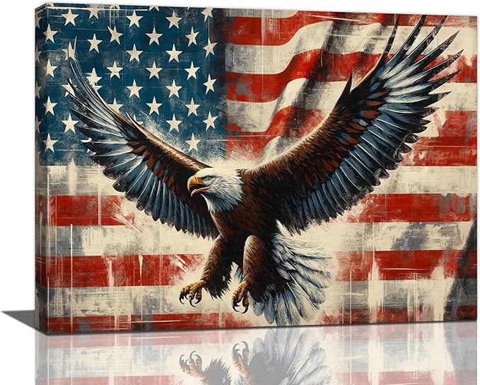Large Bald Eagle Wall Art American Flag and Eagle Pictures Wall Decor Patriotic Motivational Bedroom Sign Canvas Painting Prints Modern Home Decoration Artworks Framed for Living Room Office 16"x12"