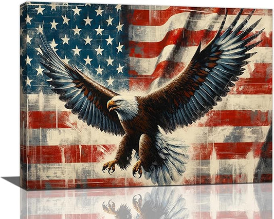 Large Bald Eagle Wall Art American Flag and Eagle Pictures Wall Decor Patriotic Motivational Bedroom Sign Canvas Painting Prints Modern Home Decoration Artworks Framed for Living Room Office 16"x12"