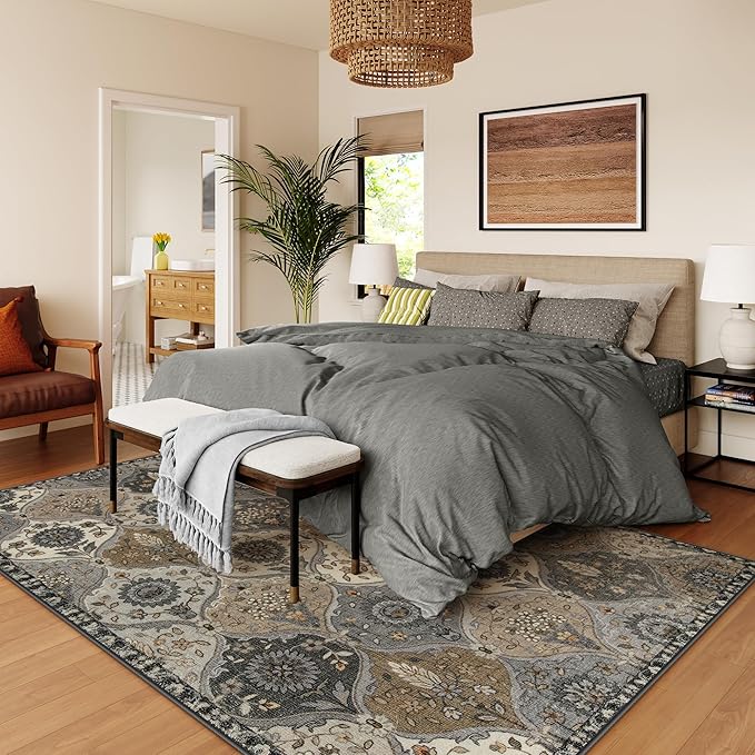 Lahome Moroccan Trellis 9x12 Rug for Living Room, Soft 9x12 Area Rug for Bedroom Dining Room, Ultra-Thin Non-Slip Non Shedding Distressed Throw Large Carpet for Office, Grey