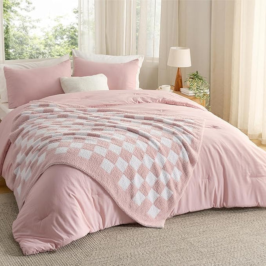 Bedsure Queen Comforter Set with Checkered Throw Blanket for Couch - 4 Pieces, 1 Pink Comforter Queen Size, 2 Pillow Shams, 1 Checkered Blanket, Super Soft, Lightweight & Fluffy for Bed & Sofa