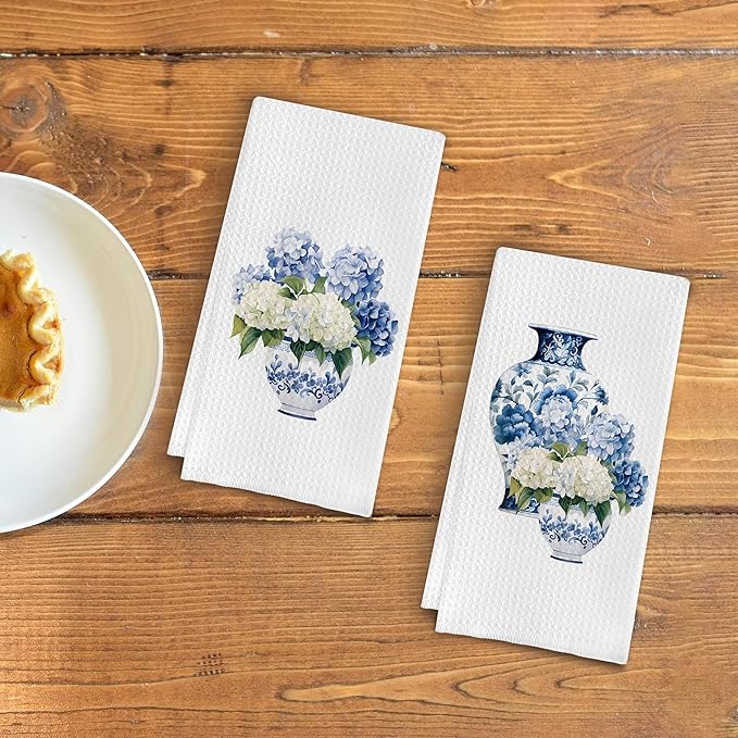 Blue and White Porcelain Chinoiserie Kitchen Towels Set of 2, Hydrangea Floral Dish Towels Tea Towels for Kitchen, Chinoiserie Decor Hand Towels for Bathroom, Grand Millenial Decor 16x24 Inch