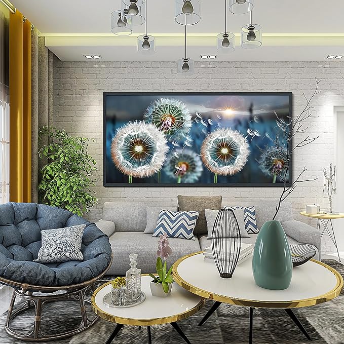 Framed wall Art Large Dandelion Canvas Art Wall Decor for Living Room Blue Landscape Prints Artwork Modern Framed Wall Picturesfor Bedroom Office Home Decorations Size 29x58