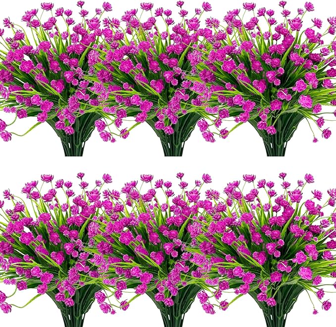 12 Bundles Artificial Flowers for Outdoors Summer Decor, Realistic UV Resistant Fake Plants Faux Plastic Flowers for Outside Planter Home Gardens Patio Porch Yard Spring Cemetery Decor(Magenta)