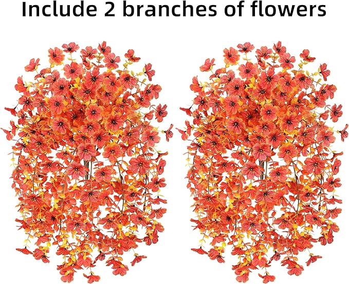 Fall Artificial Flowers for Outdoors Fake Silk Flower, 2Pcs Red Orange Daisy Autumn Decor, Realistic Hanging Decoration Plants, UV & Fading Resistant for Porch Patio Balcony Planter