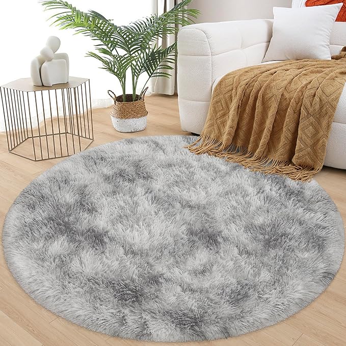 4x4 ft Tie Dye Grey Round Rug for Bedroom Room Fluffy Circle Rug Furry Carpet Shaggy Circular Fuzzy Washable Non-Slip Large Area Rug Soft Indoor for Living Room Cute Aesthetic Home Decor
