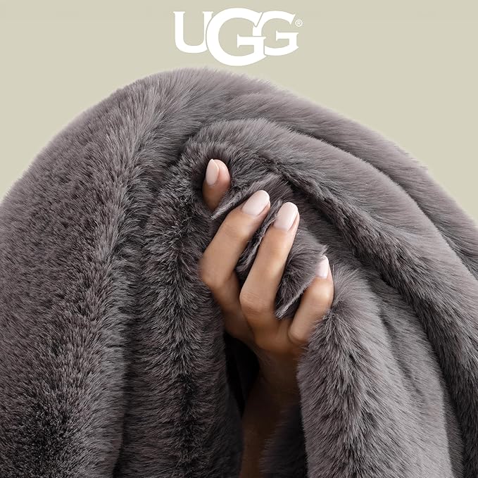 UGG Plush Faux Fur Throw Blanket Reversible Medium Weight Luxury Soft Throw Blankets for Bed or Chair, Hypoallergenic, Machine Washable, Home Decor, 50-inch x 70-inch, Charcoal Dark Grey (Euphoria)