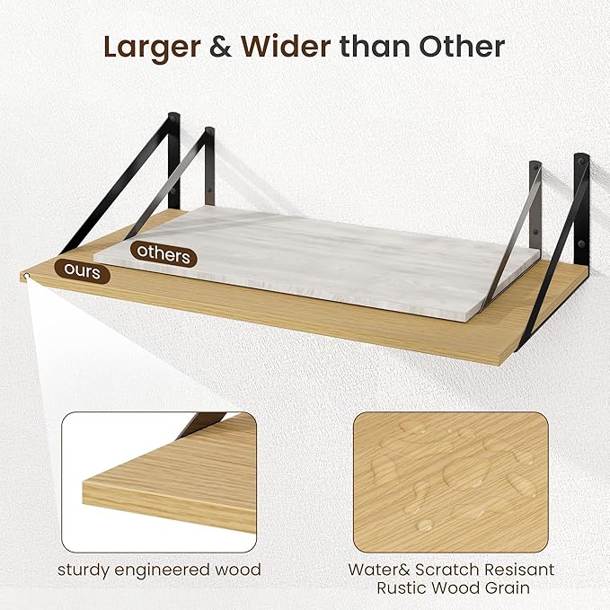 Fun Memories Floating Shelves for Wall, 12 Inch Deep Floating Shelves Set of 2, 48W x 12D Large Wall Shelf with Sturdy Metal Brackets for Living Room, Bathroom, Bedroom and Kitchen, Oak