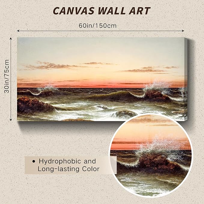 crmotu Large Wall Art for Living Room, Ocean Sunset Vintage Decor Painting, Coastal Landscape Canvas Art Prints, Retro Nautical Scenic Artwork, Beach Wave Pictures Wall Decor Bedroom Office 30"X60"