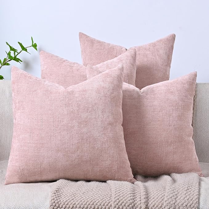 Set of 4 Soft Textured Decorative Throw Pillow Covers 20x20 Inch Cozy Farmhouse Cushion Cover Square Accent Pillow Cases for Bed Couch Sofa Living Room, Light Pink