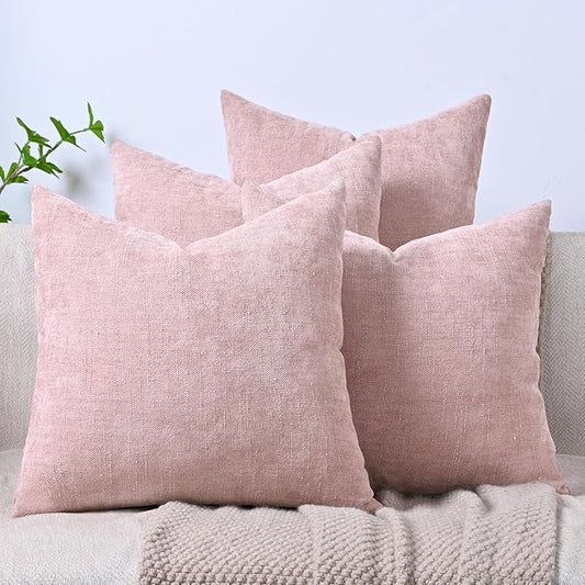 Set of 4 Soft Textured Decorative Throw Pillow Covers 20x20 Inch Cozy Farmhouse Cushion Cover Square Accent Pillow Cases for Bed Couch Sofa Living Room, Light Pink
