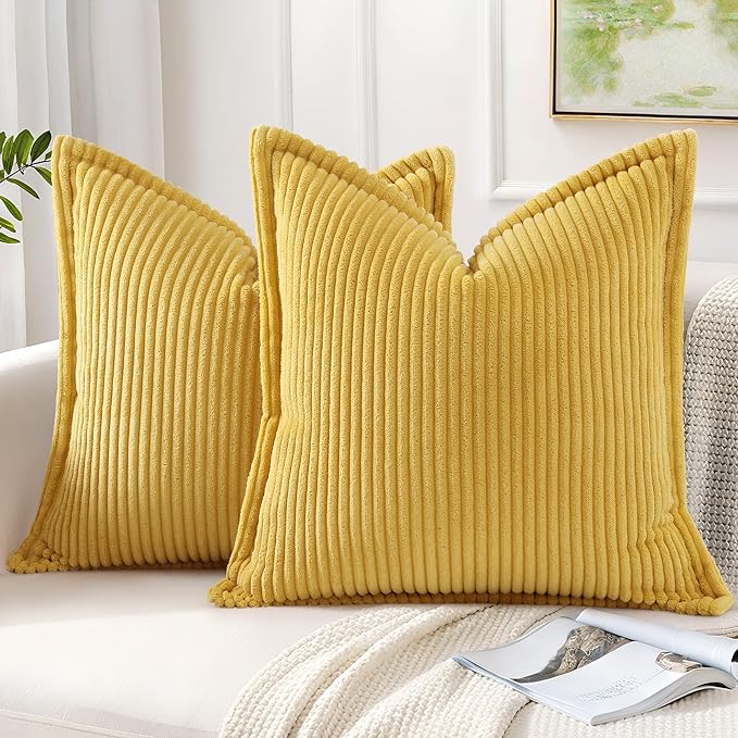 Mecatny Corduroy Throw Pillow Covers 24x24 Set of 2, Neutral Decorative Soft Boho Couch Pillow Covers with Broadside for Sofa Living Room, Mustard Yellow