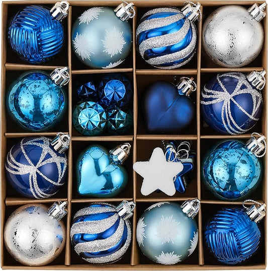 Valery Madelyn 28Pcs Christmas Heart Shaped Ornaments Gift Pack, Navy Blue Silver Craft Painted Tree Heart Decorations, Christmas Baubles Hanging Indoor Holiday Party Xmas Decor