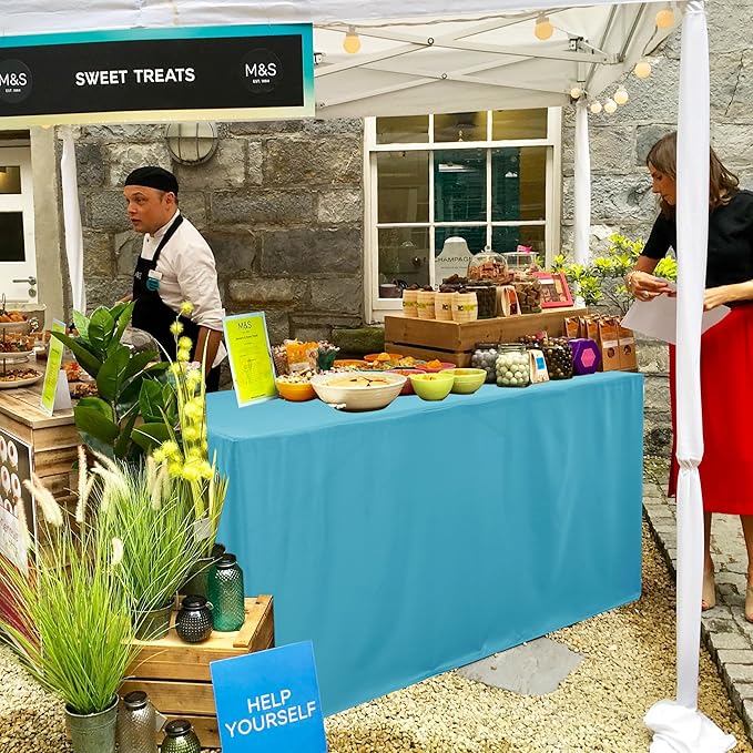 HolidayIdeas Open Back Fitted Tableclothss for 8 Foot Rectangle Table, Wrinkle Resistant Washable Table Covers 96x30 Inch for Craft Fairs, Banquets, Trade Show Display, Teal,4 Pcs