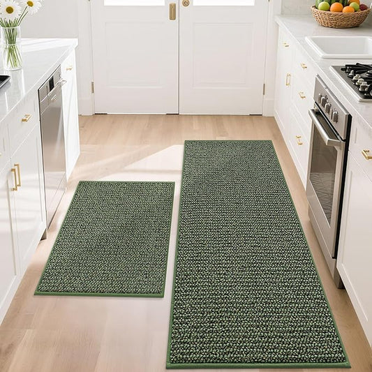 BEQHAUSE Kitchen Rugs and Mats 2PCS, Non-Slip Kitchen Mats for Floor, Absorbent and Stain Resistant Kitchen Runner, Machine Washable Rugs for Kitchen, Laundry & Sink, 20"x32"+20"x48", Green