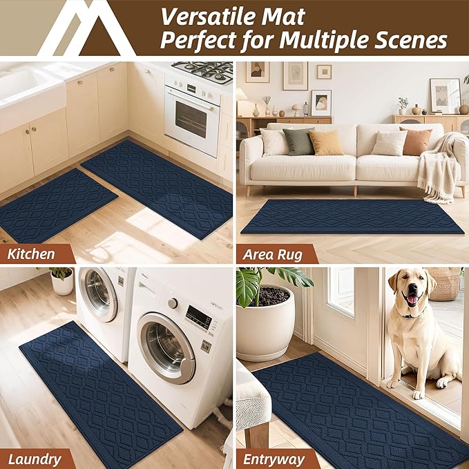 COSY HOMEER-Kitchen-Rugs-and-Mats 20"x48" Non Slip Kitchen Mats for Floor Absorbent Washable Kitchen Runner Standing Floor Mat for Sink Mat,Entry,Laundry,Polypropylene,Navy Blue
