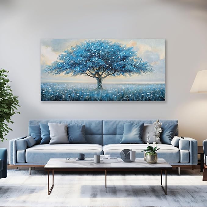 Glvzygy Blue Tree of Life Wall Art Abstract Modern Artwork Canvas Painting Textured Tree Pictures Wall Decor Home Decor Wall Ready to Hang for Bedroom Living Room Size 24"x48"
