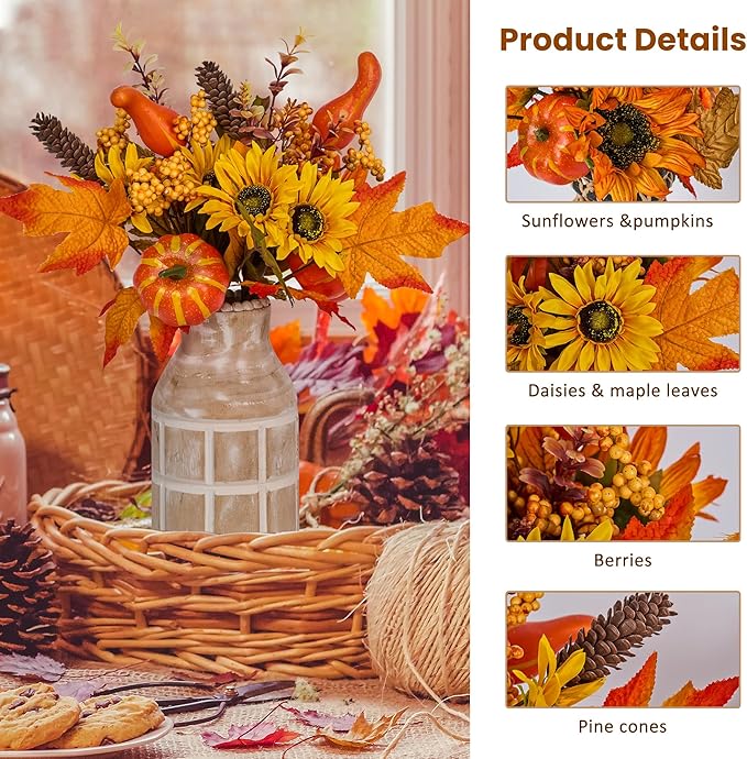GENMOUS Fall Decor- 2Pcs Artificial Fall Flowers, Fall Picks Floral Arrangements Sunflower Pumpkin Autumn Decor Centerpieces Faux Flowers Maple Leaf Party Bridal Wedding Home Thanksgiving Decorations