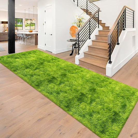 Tie-Dyed Runner Rug for Bedroom Green 3x10ft Fluffy Area Rug Bedside Runner Rug for Kids Room Boys Teens Nursery Baby Living Room Dorm Home Decor Carpets