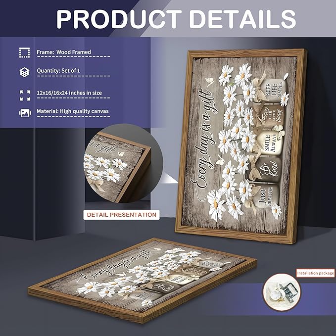 Rustic Bathroom Wall Art, Vintage Daisy Farmhouse Canvas Wall Decor Paintings, Flower Butterfly Inspirational Posters Prints Pictures Artwork for Bathroom Restroom 16x24 Inch Wood Framed