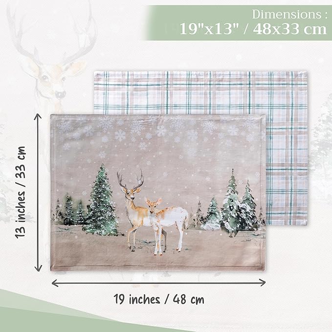 Maison d' Hermine Placemats Set of 4 100% Cotton Washable Cloth Place Mats, Reusable Table Mats for Kitchen Dining Decoration, Party, Wedding, Restaurant (Deer in The Woods, 13" x 19")