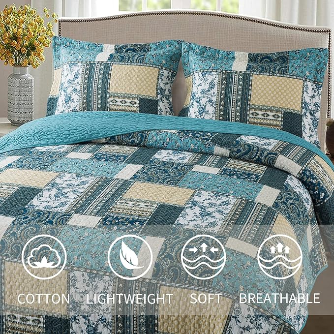 VAPUTAR Quilts Queen Size - 3 Piece Cotton Quilted Bedspread Coverlet, Soft Lightweight Quilted Bedding Set, Patchwork Boho Quilt with Pillowcovers Suitable for All Season and Room Decor (Dream Blue)