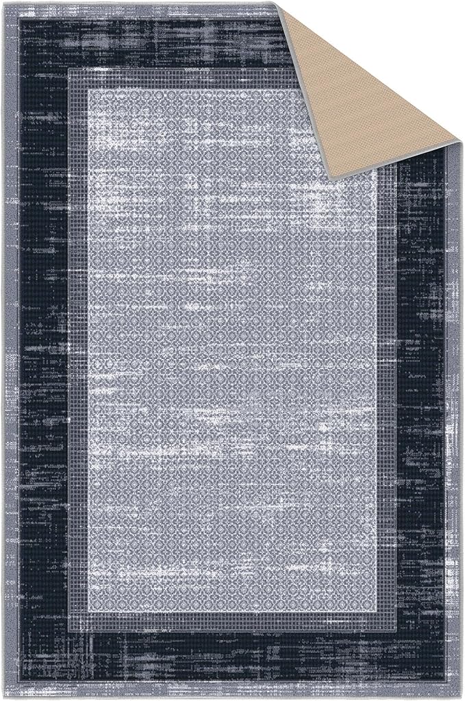 Ottomanson 3'3" x 5' Rugs for Living Room Border Area Rug for Bedroom - Non Slip Durable Large Floor Carpet for High Traffic Areas - Indoor Rug for Dining Room Kitchen Kids Playroom, Gray/Navy
