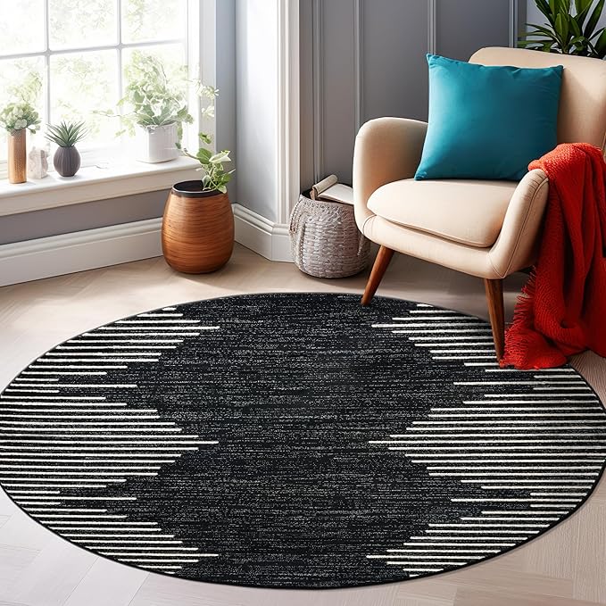 Rugshop Bohemian Stripe Stain Resistant High Traffic Living Room Kitchen Bedroom Dining Home Office Round Area Rug 6' Round Black