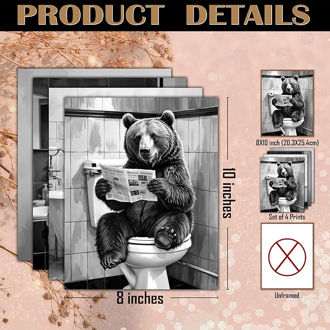 FITIE Funny Black Bear Bathroom Wall Art Posters Set of 4, Bear Bathroom Decor, Humorous Wild Animal Bathing Toilet Canvas Prints Artwork Wall Decor for Bath Room Washroom, 8x10 Unframed