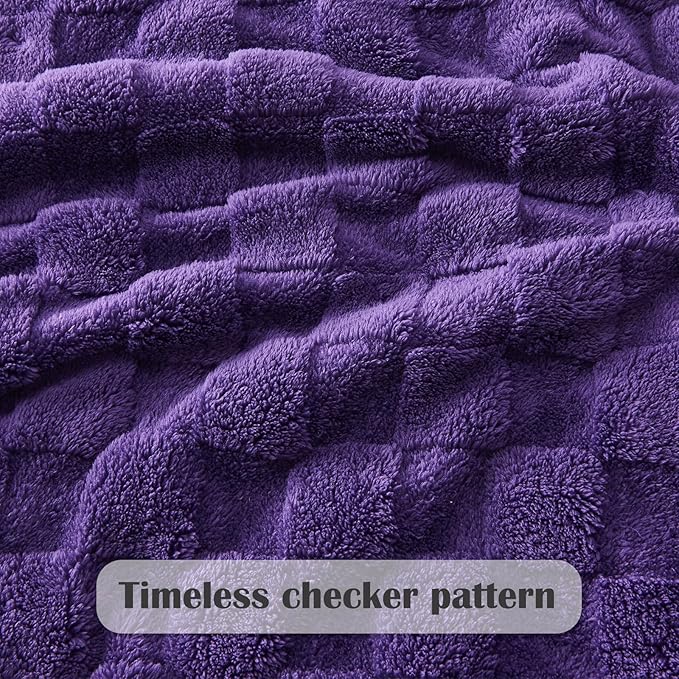 NEWCOSPLAY Super Soft Queen Blanket Purple Premium Silky Flannel Fleece 3D Checkered Lightweight Bed Blanket All Season Use (Purple Checkered, Queen(90"x90"))