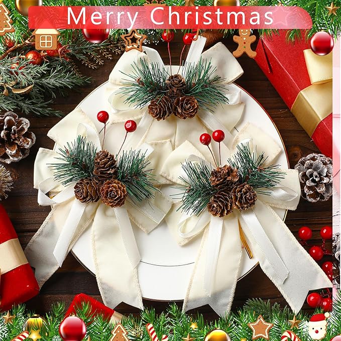 Syhood 6 Pcs Christmas Velvet Bow with Pine Cones Pine Needles Berries Xmas Champagne Ribbon Bow Ornaments 6.3 x 5.1 Inch for Christmas Tree Wreath Garden Fireplace Crafts DIY Decor