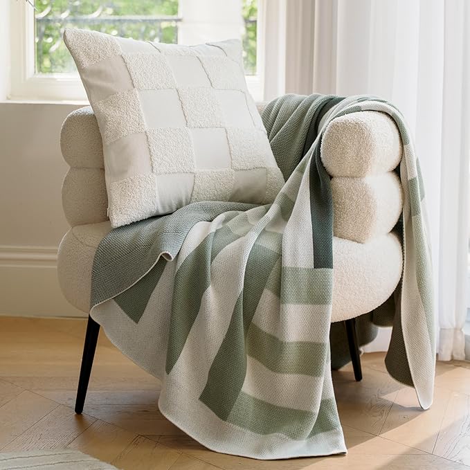 Double Stitch 100% Cotton Throw Pillow Covers - Checkered Tufted Boho Decorative Pillow Covers 18x18, Made in India, Square Cushion Case, Modern Home Decor for Couch, Sofa, Living Room, Cream