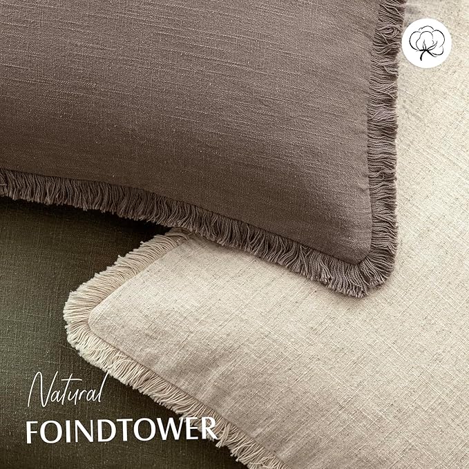 Foindtower Set of 2 Decorative Linen Fringe Throw Pillow Covers Cozy Farmhouse Cushion Cover with Tassels Accent Pillowcase for Couch Chair Sofa Bed Living Room Home Decor,20×20 Inch,Light Coffee