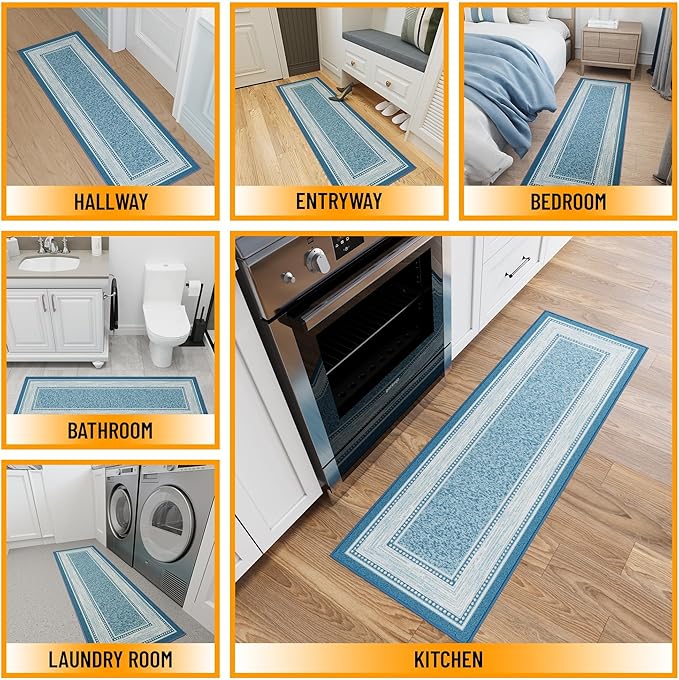 Ottomanson Hallway Runner Rug 20" x 59" Non Slip Border Area Rugs Easy to Clean Laundry Rug Runner Durable & Pet Friendly Floor Carpet Runners for Hallways Entryway Living Room Kitchen, Turquoise