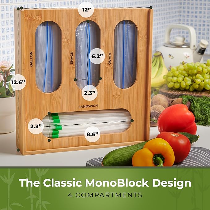 Bamboo Storage Bag Organizer, Sandwich Bag Organizer - Single block Design with Labels Included, Baggie Organizer for drawer, Quick Refill Slider, Compatible with Half Gallon, Quart, Snack size bags