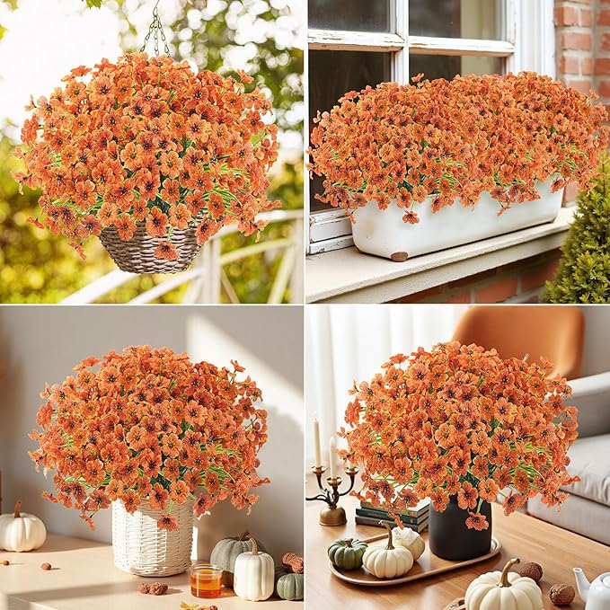 Uieke 72 Bundles Artificial Fall Flowers for Outdoors UV Resistant No Fade Faux Autumn Plants for Outside Home Garden Wedding Party Fall Décor (Orange)