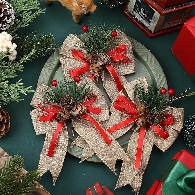 Syhood 6 Pcs Christmas Bows with Pine Cones Pine Needles Xmas Flaxen Bows Ribbon Christmas Tree Wreath Decoration for Xmas Parties Indoor Outdoor Crafts DIY Decor