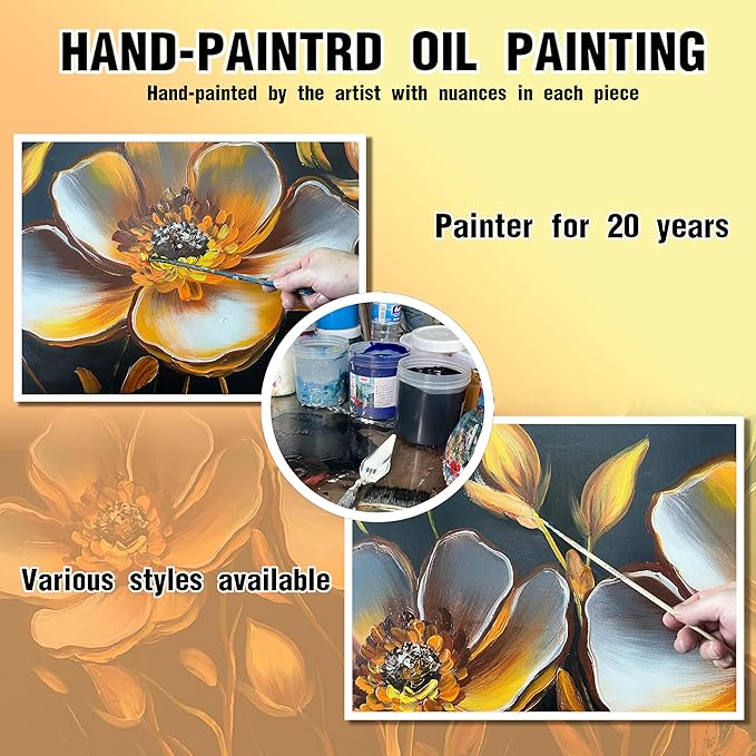 Gold Flower Canvas Art Wall Decor for Bedroom - Gold and Black Art Work for Living Room Walls - Framed Hand Painted Wall Art Size 29" x 59"