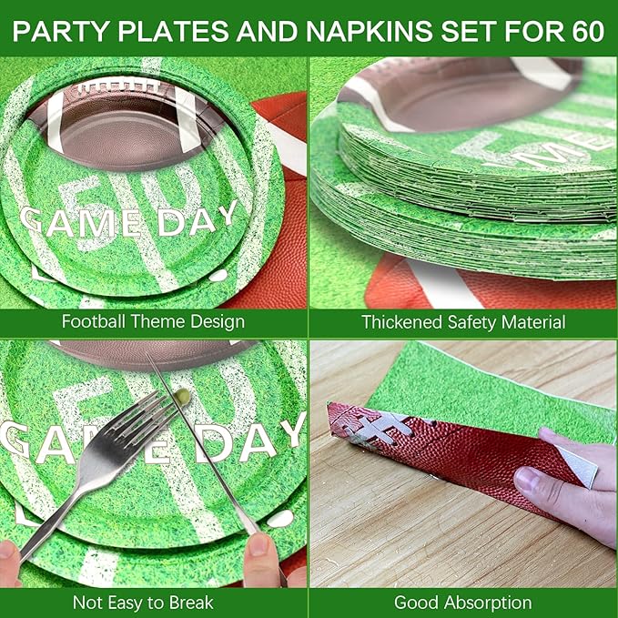 180Pcs Football Party Supplies Paper Plates and Napkins Serve 60 Disposable Tableware Set for Birthday Party Decorations Game Day Family School Holiday Sports Events