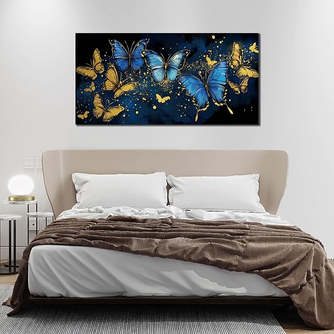 Butterfly Canvas Wall Art for Living Room - Modern Wall Art Office - Blue and Gold Butterfly Wall Art for Bedroom Size 29" x 59"