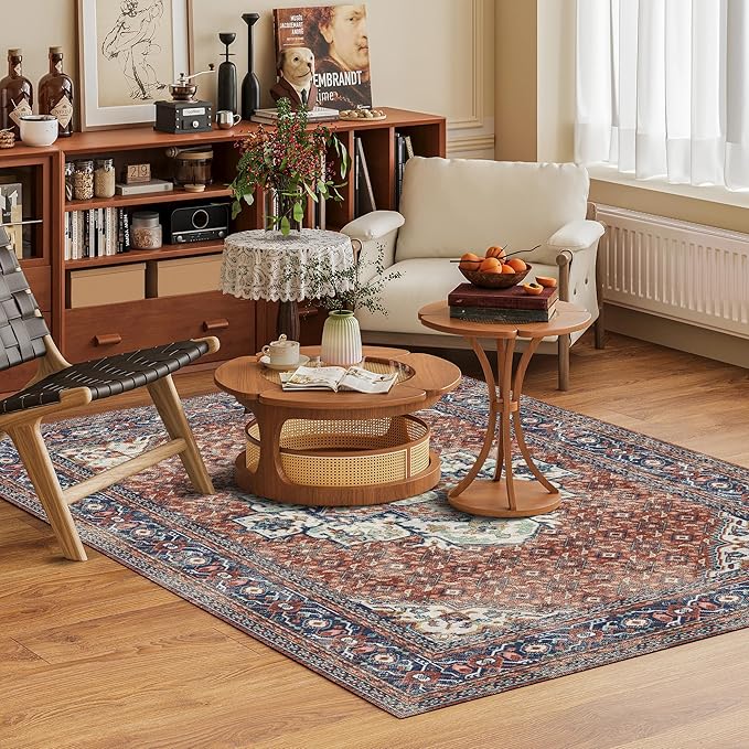 Washable Area Rug 9' x 12' Vintage Traditional Persian Mat - Foldable Distressed Non-Slip Machine Washable Carpet for Living Room Bedroom Kitchen Home Decor - Terracotta and Navy